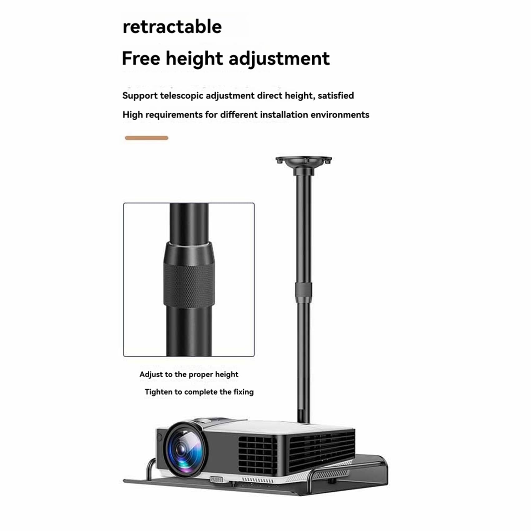 Supporto da soffitto per proiettore con vassoio di fissaggio a parete per telecamere e proiettori, ideale per videoconferenze e ufficio a casa. Regolabile da 40 a 80 cm.