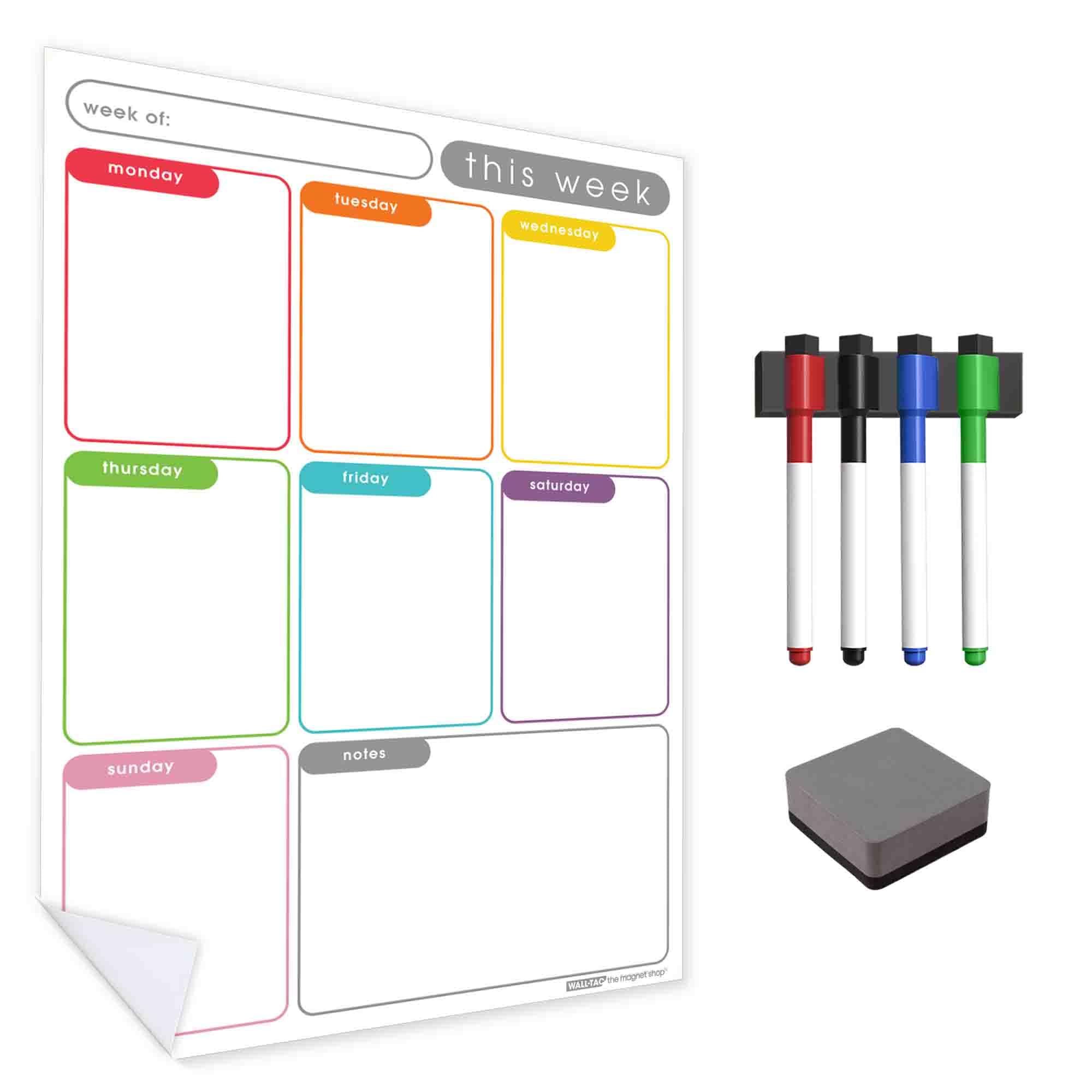 WallTAC Weekly Planner Wall Sticker | Easy-to-Apply and Remove Dry Wipe Whiteboards for Home and Kitchen (Multi-Coloured, A2)