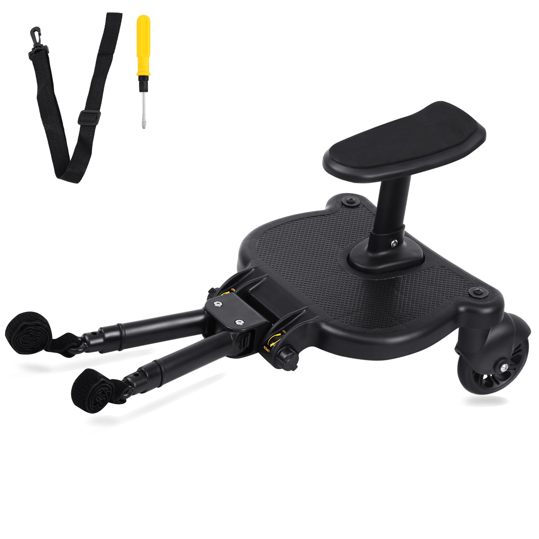 Buggy Board avec siège, marchepied universel avec deux roues à 360 °, capacité de charge 25 kg, siège de poussette amovible, accessoire de poussette pour enfants de 2 à 6 ans, noir