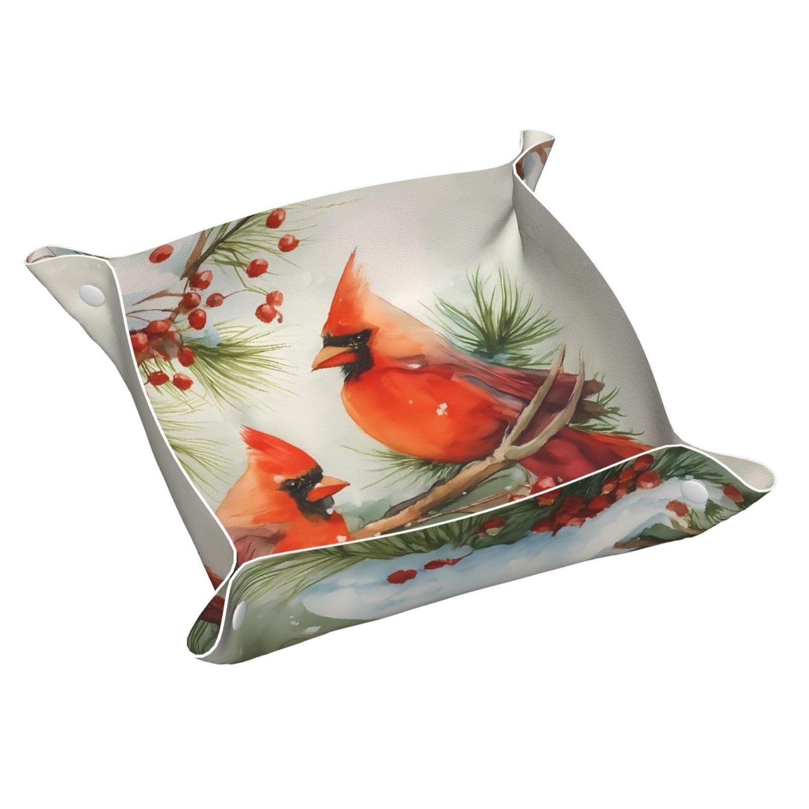 HLBSDM Winter Red Cardinal Bird on Branch Tray Men's Leather Valet Parking Portable Entrance Trays Bedside Storage Box