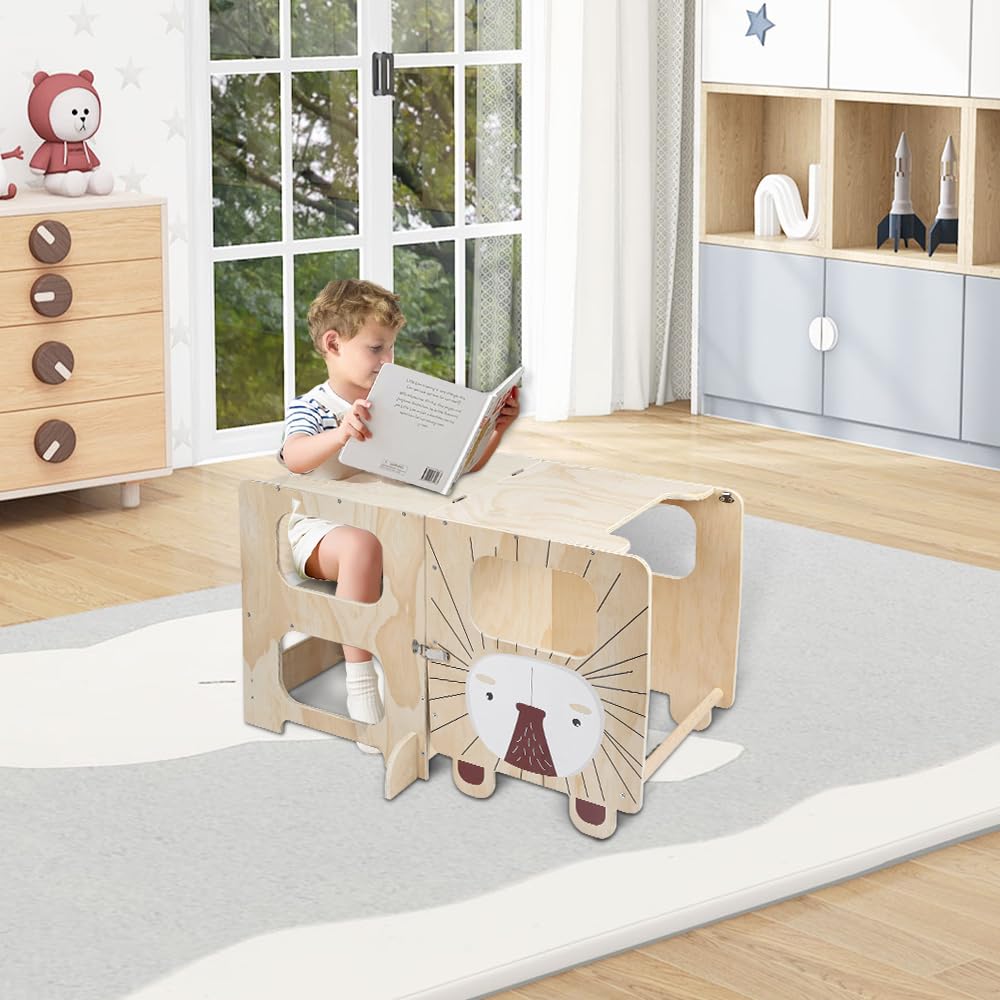 Lernturm 3 in 1, Lernturm für Kinder, Montessori Beobachtungsturm aus Holz, rutschfeste Oberfläche, Tisch und Stuhl für Kinder (Igel)