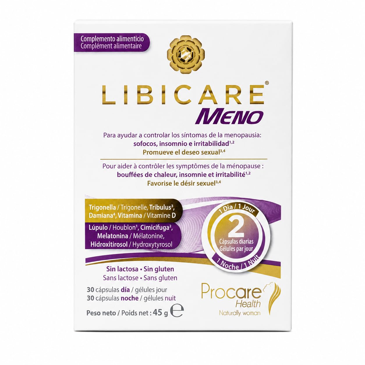 Procare Health Libicare Meno 60 Cápsulas (Día y Noche) - Suplemento para la Menopausia, Libido, Sofocos y Sueño - Con Cimicifuga, Lúpulo, Melatonina, Zinc y Vitaminas