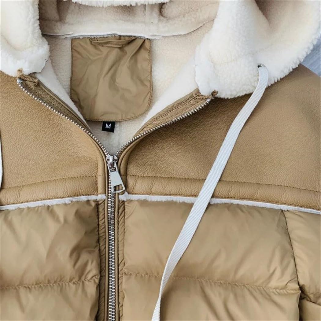 Women’s PU Leather Patchwork Duck Down Jacket With Hood Lambswool Warm Autumn Winter Thick Outwear