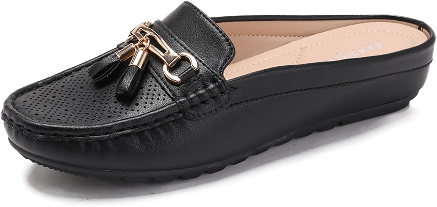 Women's Leather Tassel Metal Buckle Mules Casual Comfortable Round Toe Backless Slip On Flat Moccasin Clogs Lightweight Daily Work Office Walking Slides