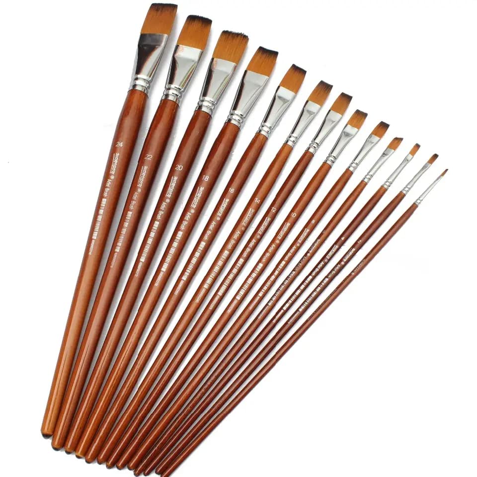 Image of Chrome Long Handle Synthetic Filbert Tip Artist Paint Brushes - 13 Piece Set (13pcs Flat Brush Set)