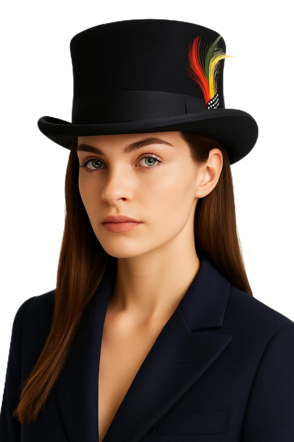 Novella Noori Handmade Wool Felt Top Hat - Wool, Satin Lined Water-Repellent Top Hats with Removable Feather - Women and Mens Tophat for Weddings, Parties or Vintage Costumes (UK, L, Black)