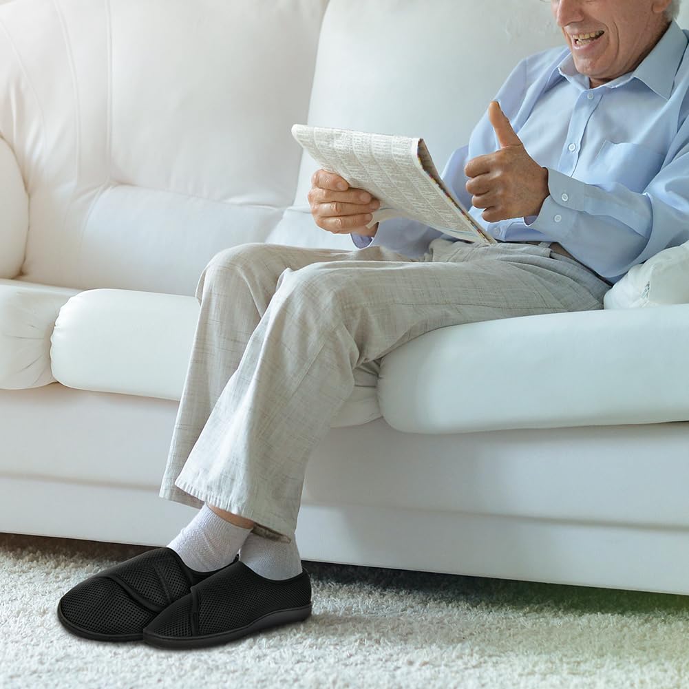 HOTUT Diabetiker Hausschuhe Damen Herren, Verstellbare Geschwollene Füße Hausschuhe, Extra Weite Walkingschuhe, Rutschfest Rehaschuhe für Senioren, Breiten Klettverschluss Gesundheitsschuhe