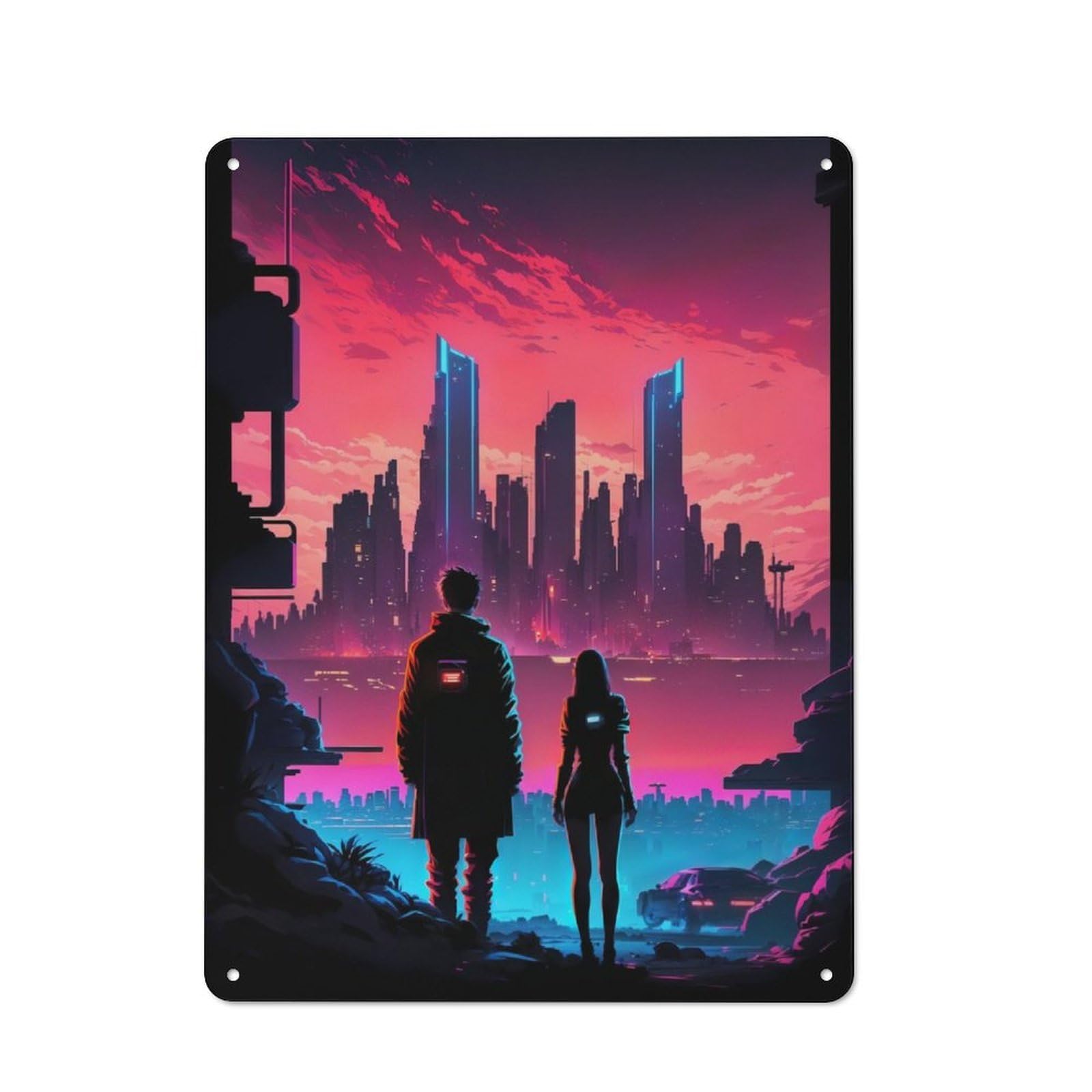Junmoney Future City Skyline Tin Wall Plaque 40X30cm With For Workshop Wall, Suited To Workshop Decor Fans, For Retro Home Interiors