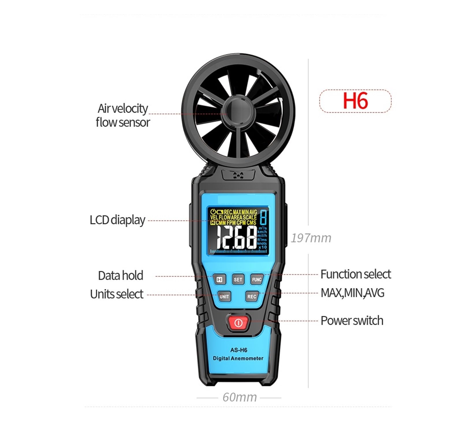 Anemómetro Digital Medidor De Velocidad Del Viento De Mano Medidor De Humedad De Temperatura De Energía Eólica Probador De Volumen De Aire(H6)
