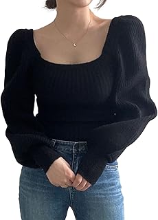 Camicetta Lavorata a Maglia da Donna Pullover Invernali Solido Nero Elegante Collo Quadrato Coreano Maglioni Maglioni Autunnali con Maniche a Sbuffo