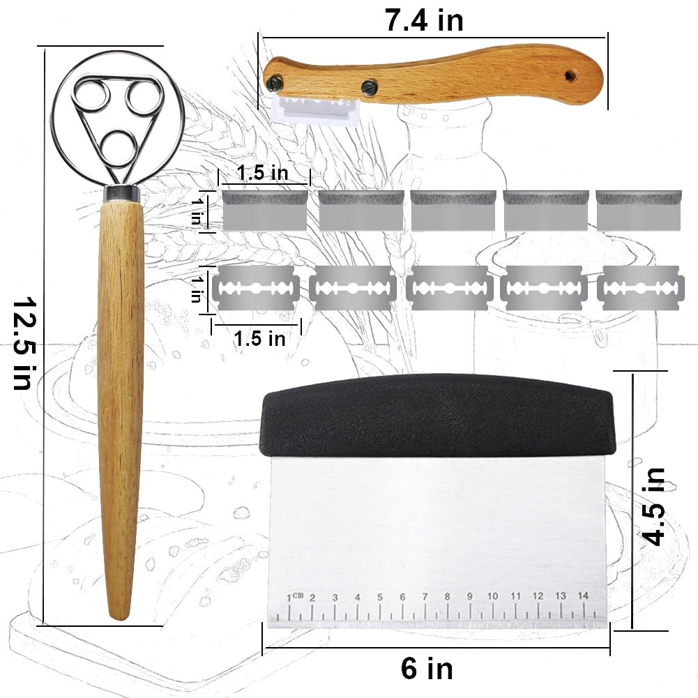 YCJKIYPT Bread Making Tool Set,Dough Scraper and Bread Scoring Tool for Making Beautiful Bread Tools-Dough Whisk,Dough Scrapers, Bread Lame with 10 Blades Included Replacement (Black)