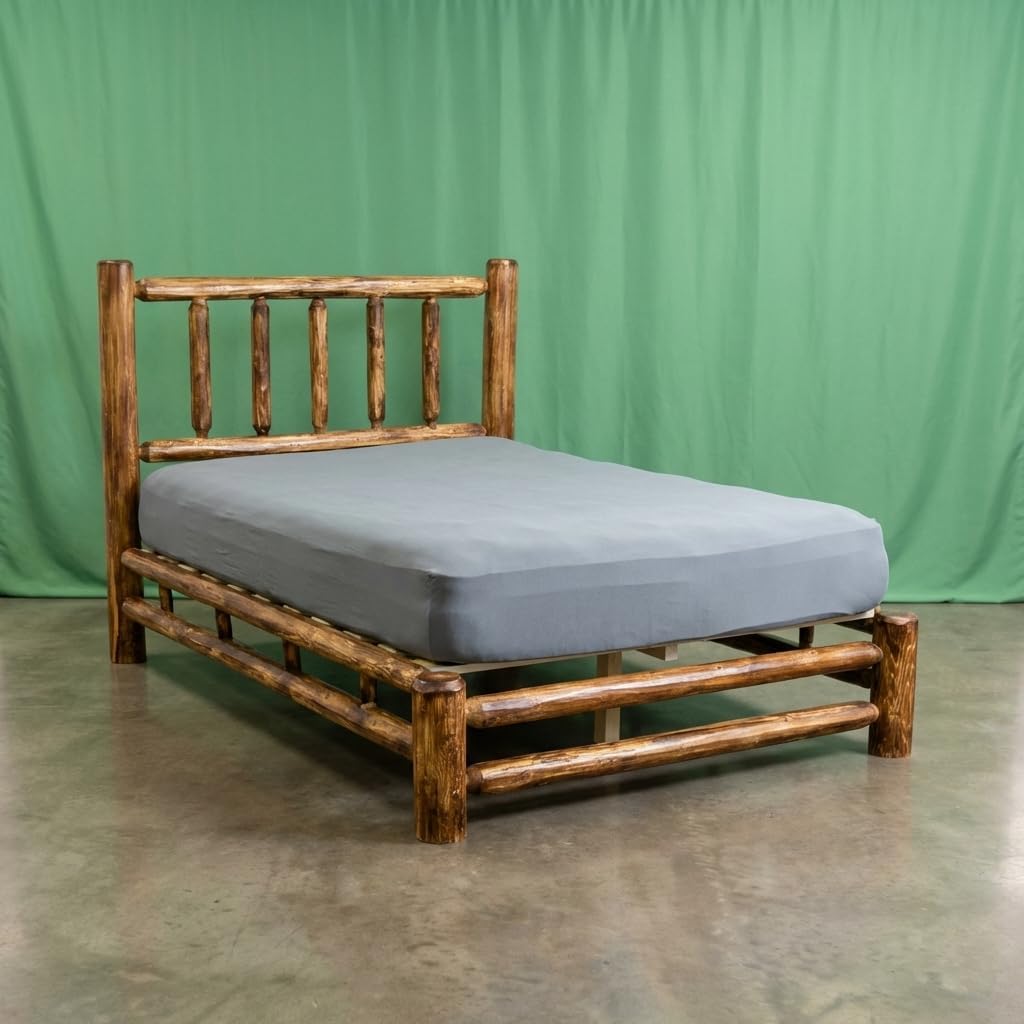 Log Platform Bed Frame with Headboard, Queen Size - Torched Finish, Rustic, Solid Cedar Wood, No Boxspring Required, Amish Handcrafted in USA