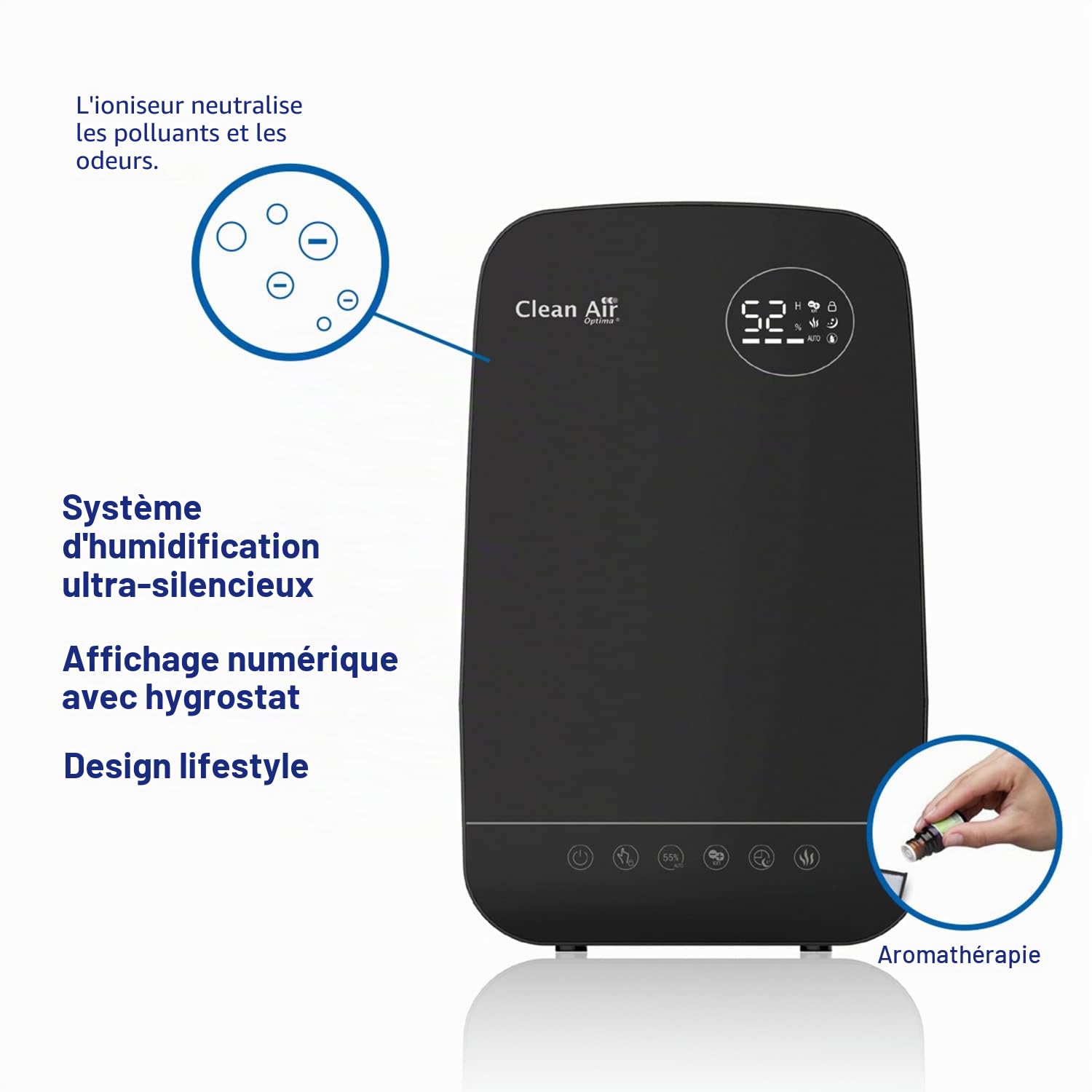 Clean Air Optima CA-606 Humidificateur avec ioniseur et aromathérapie - Humidificateur d'air max. 480 ml/h - Capacité du réservoir d'eau de 5,5 litres - Convient pour des pièces jusqu'à 65 m²/160 m³