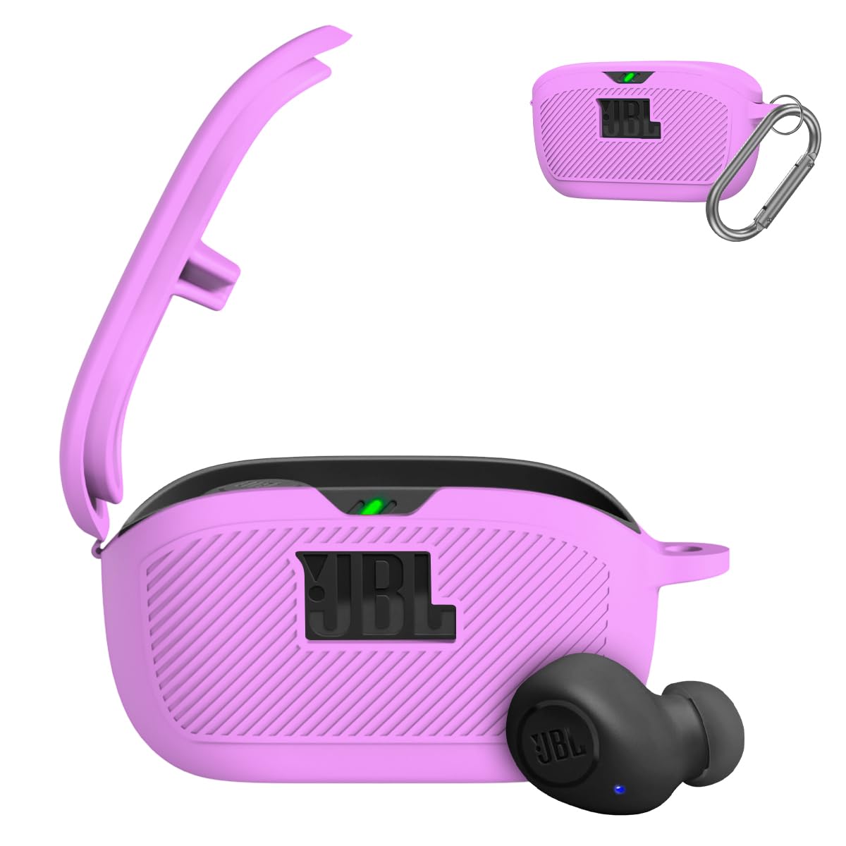 for JBL Vibe Buds Case Cover,Silicone Protective Portable Scratch Shock Resistant Logo Visible Design Cover Compatible with JBL Vibe Buds Headphones Charging Case with Carabiner-Purple