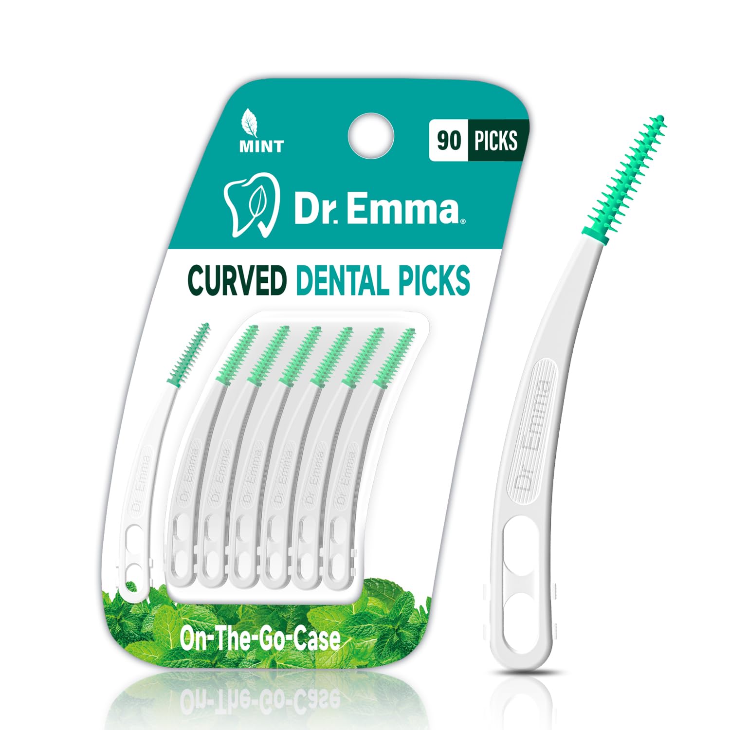 Dr Emma Dental Picks Mint Curved Soft Rubberized Tooth Picks Easy to Use Brush Picks with Carry Case