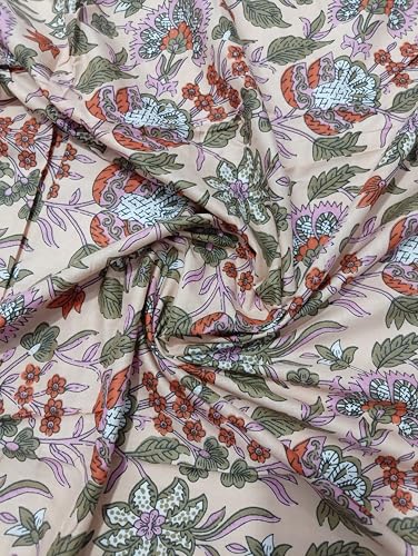 Image of Doraya Pure Cotton Dress Making Fabric Sanganeri Print Jaipuri Hand Block Printed Unstitched Dress Material for Women Blouse /Plazzo,Kurti /Lehenga Piece Womens 43 inch Inches Width (Peach 3, 5 Meter)