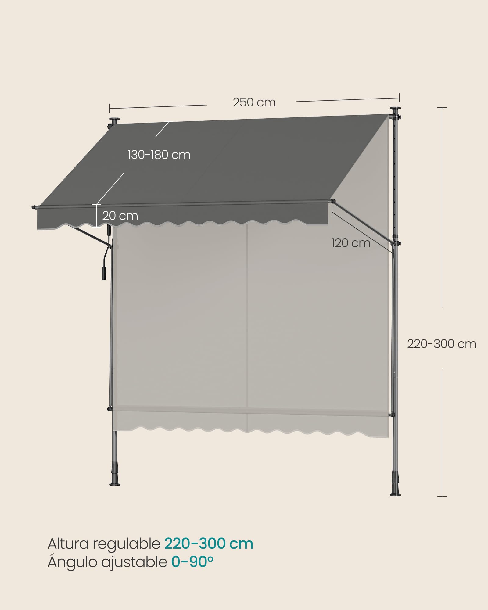 SONGMICS Toldo Manual, Toldo Retráctil para Balcón, Regulable en Altura con Manivela para Balcón, Jardín, Patio, 250 x 120 cm, Gris Antracita GSA252G02