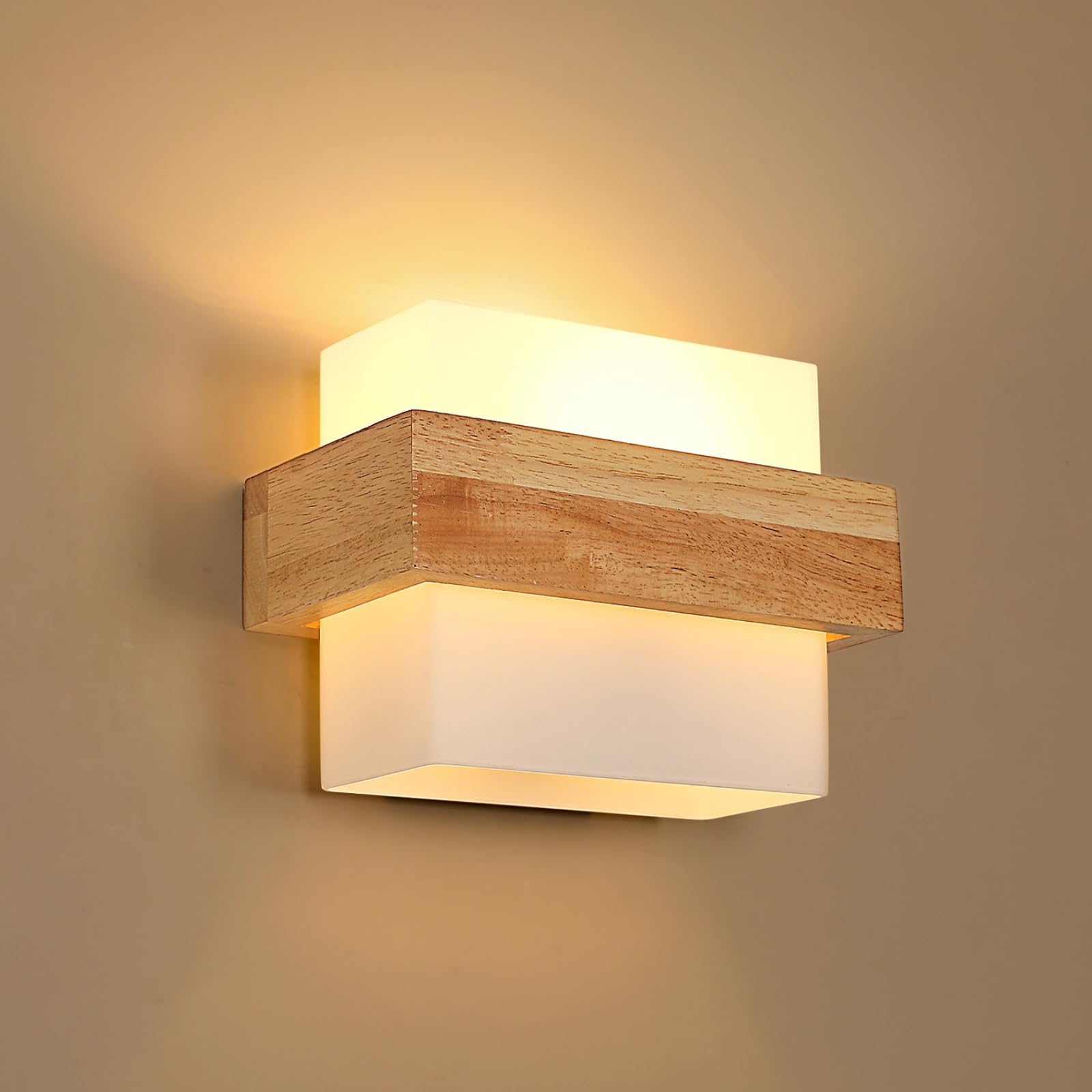 DELIPOP 12 W Modern Wooden Interior Wall Lamp with Glass Shade E27, Creative Wall Lighting 3000-6500K Three Colours Dimmable for Bedroom, Living Room, Staircase - 1 x Bulb
