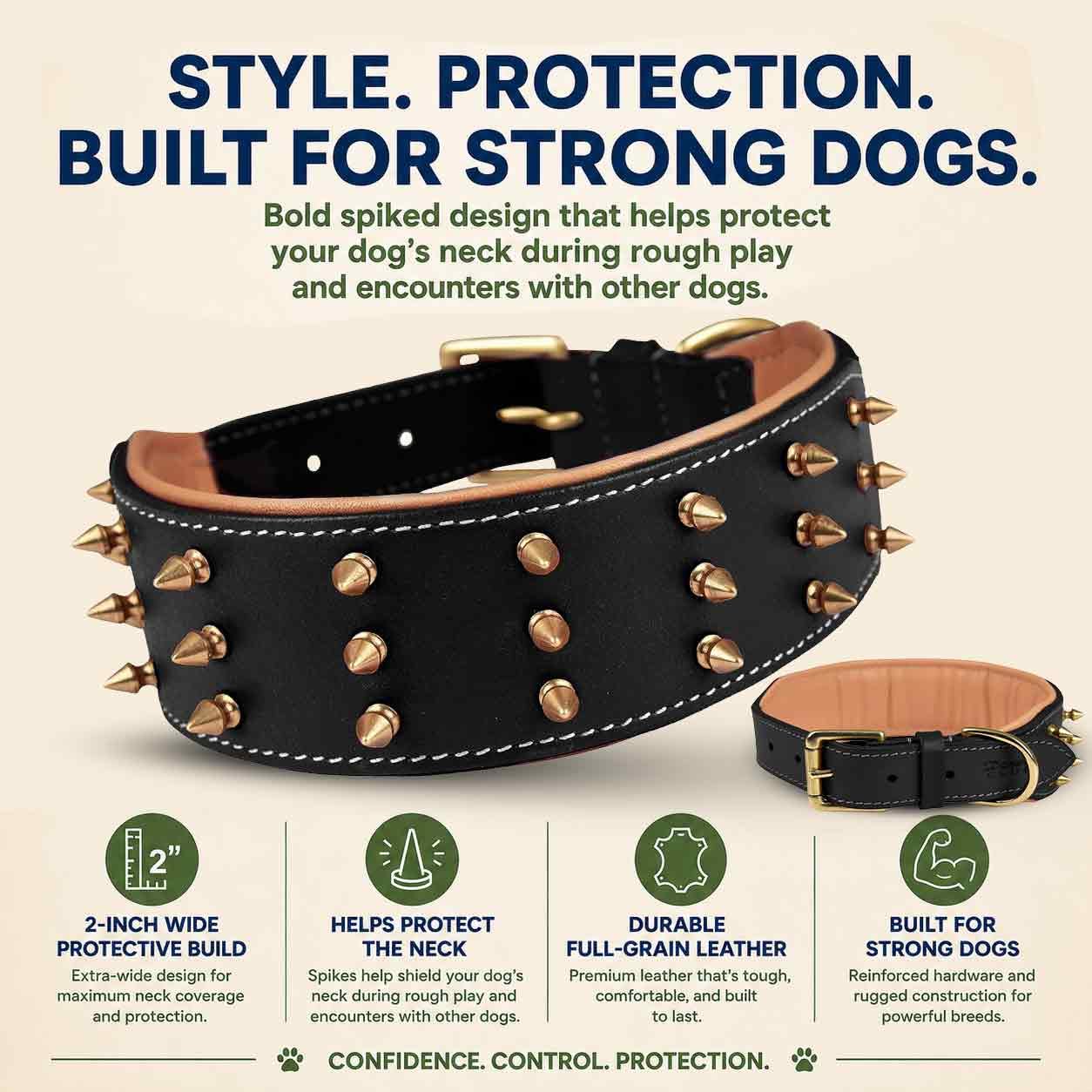 Collar de Cuero con Pinchos para Perros Grandes, Collar de 5 cm de Ancho para Perros Grandes, Collar de Perro Negro, auténtico, de Grano Completo, Resistente, cómodo, Acolchado, (L (para