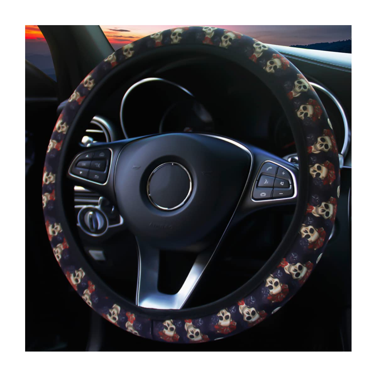 AUCELI Sunflowers Cow Print Car Steering Wheel Cover, 15 Inches Breathable Soft Fabric Steering Wheel Non Slip Decoration Protector for Women Girls Men, Universal Suitable for Most Cars