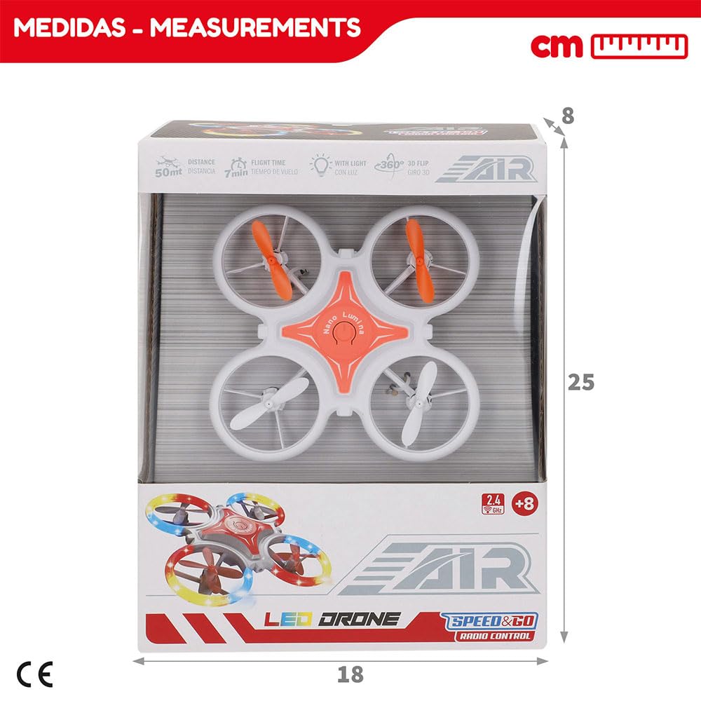 ColorBaby 41865 Speed & Go Dron teledirigido, Luz LED, Mide 12x12 cm, Giro 360°, Alcance 50 Metros, Tiempo Vuelo 7 min, 2.4 GHz, Carga USB, RC, Vehículos radiocontrol, Juguetes niños 8 años