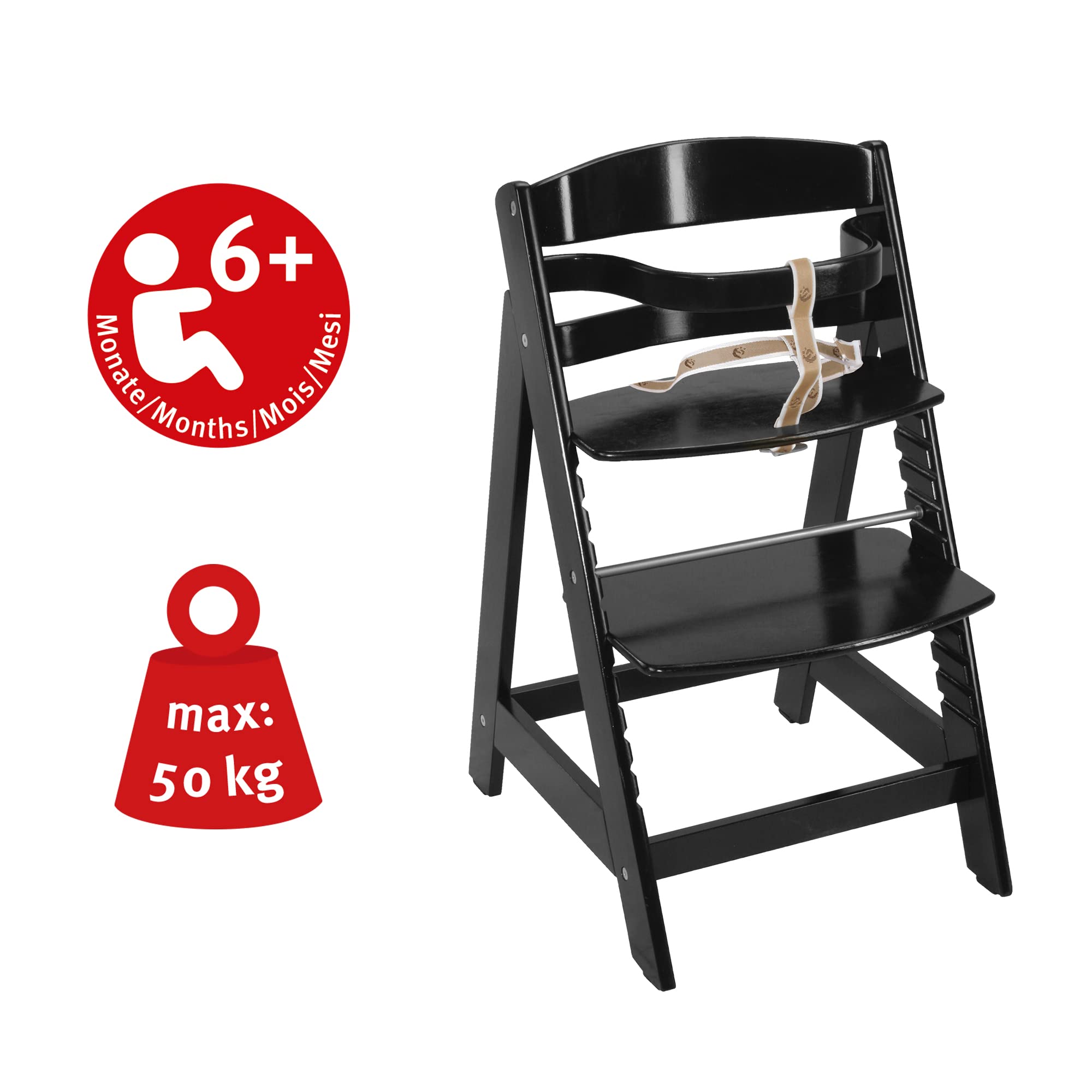 roba Seggiolone Pappa per Bambini Sit Up III - Evolutivo - con Poggiapiedi e Cinghie di Sicurezza Removibili - Altezza Regolabile - Legno Nero
