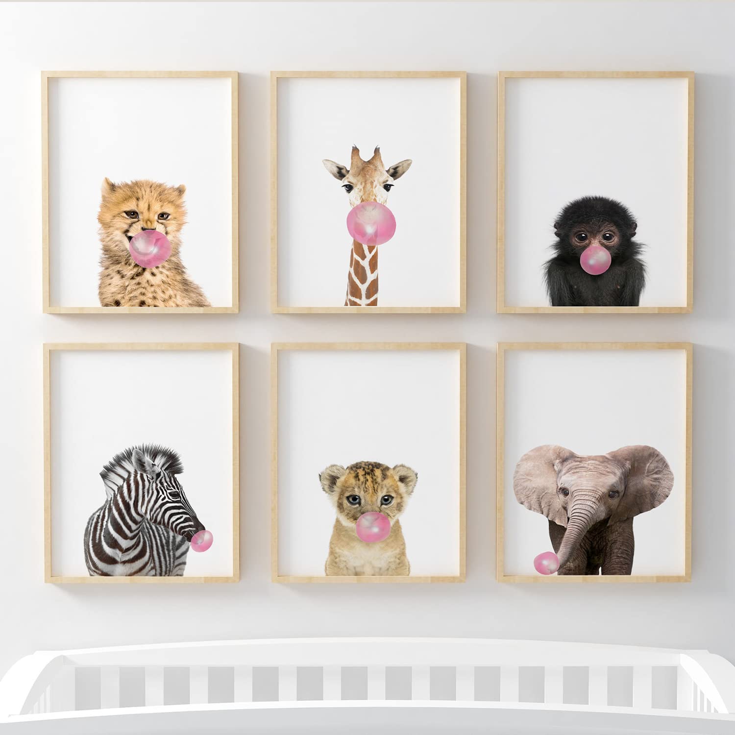 Jungle Safari Baby Animal Nursery Bedroom Wall Art Picture Prints, Set of 6 - Elephant, Lion, Monkey, Giraffe, Cheetah, Zebra. Pompom® [Picture Frames NOT Included] (A4, Pink Bubblegum) — image 1