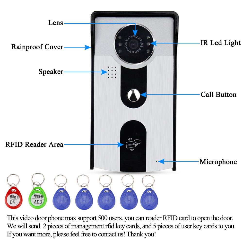 Videocitofono RFID 7 '' TFT Color IR Telecamera da Esterno CMOS con Campanello in Metallo Impermeabile Monitor 700TVL + 5pcs ID utente Telecomando per Casa (2 Monitor della 1 Fotocamera)