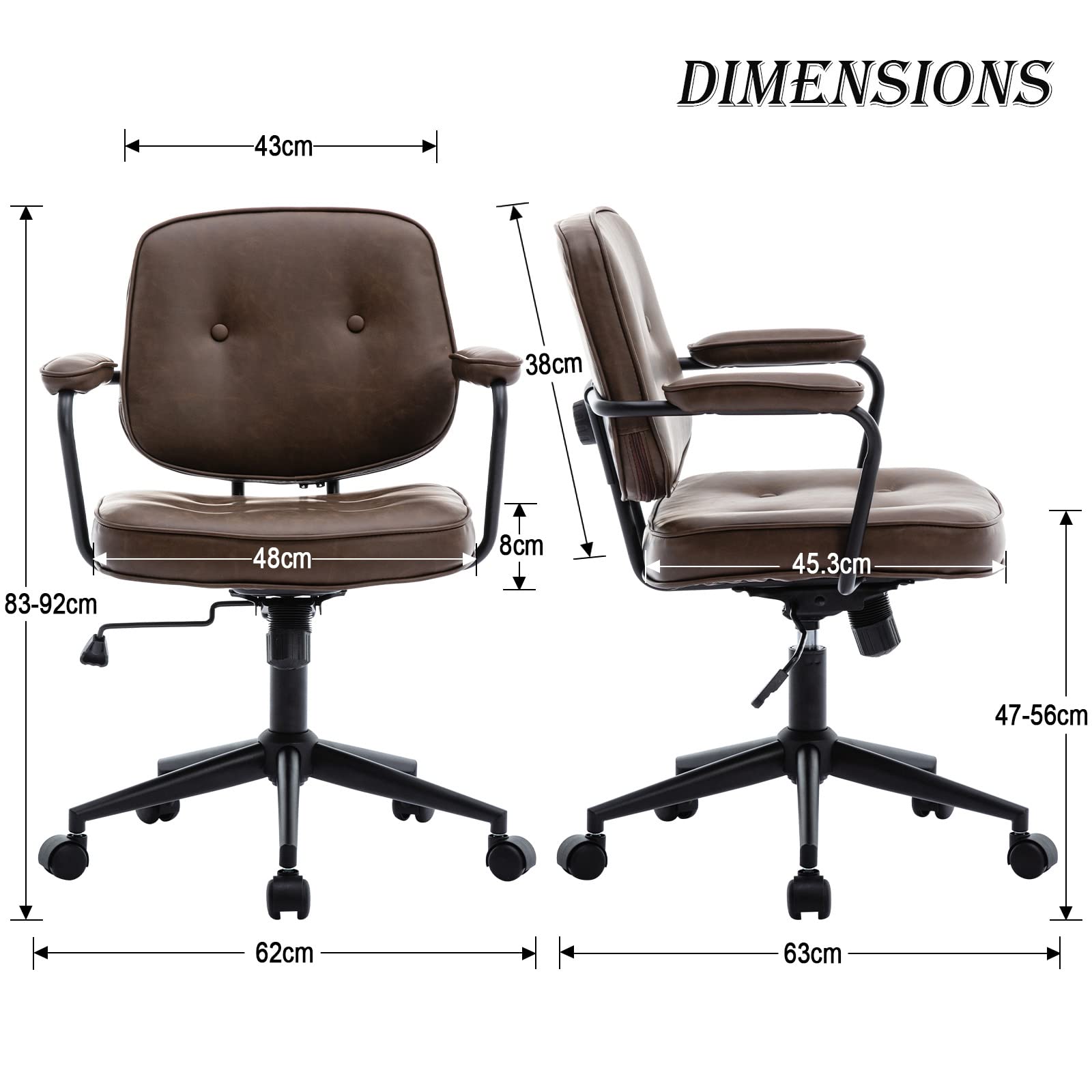chairus Chaise de Bureau Ergonomique avec roulettes, Chaise Pivotante en Cuir PU pour Chambre, Fauteuil de Bureau Hauteur Réglable, Marron