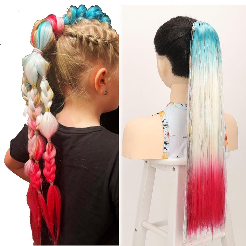 Rainbow Ponytail Extension With Hair Tie Coloured Hair Extension for Braiding Mermaid Glitter Pony Tail Hair piece for Daily Party Costume DIY Braids Blue white pink