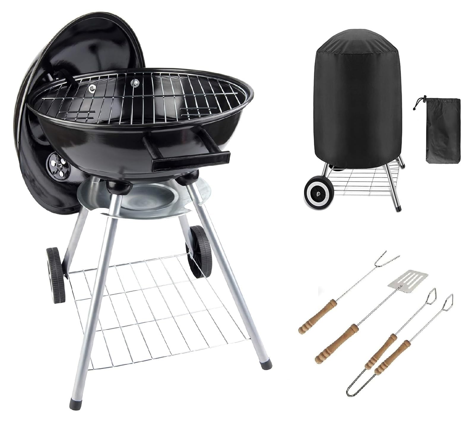 BBQ Grill Patio Portable Charcoal Kettle BBQ Garden Camping Caravan Outdoor Barbecue With Cooking Utensils Tools & Cover heels Stand Ball Rounded Bbq on wheels Black 43.5 cm Stainless Steel