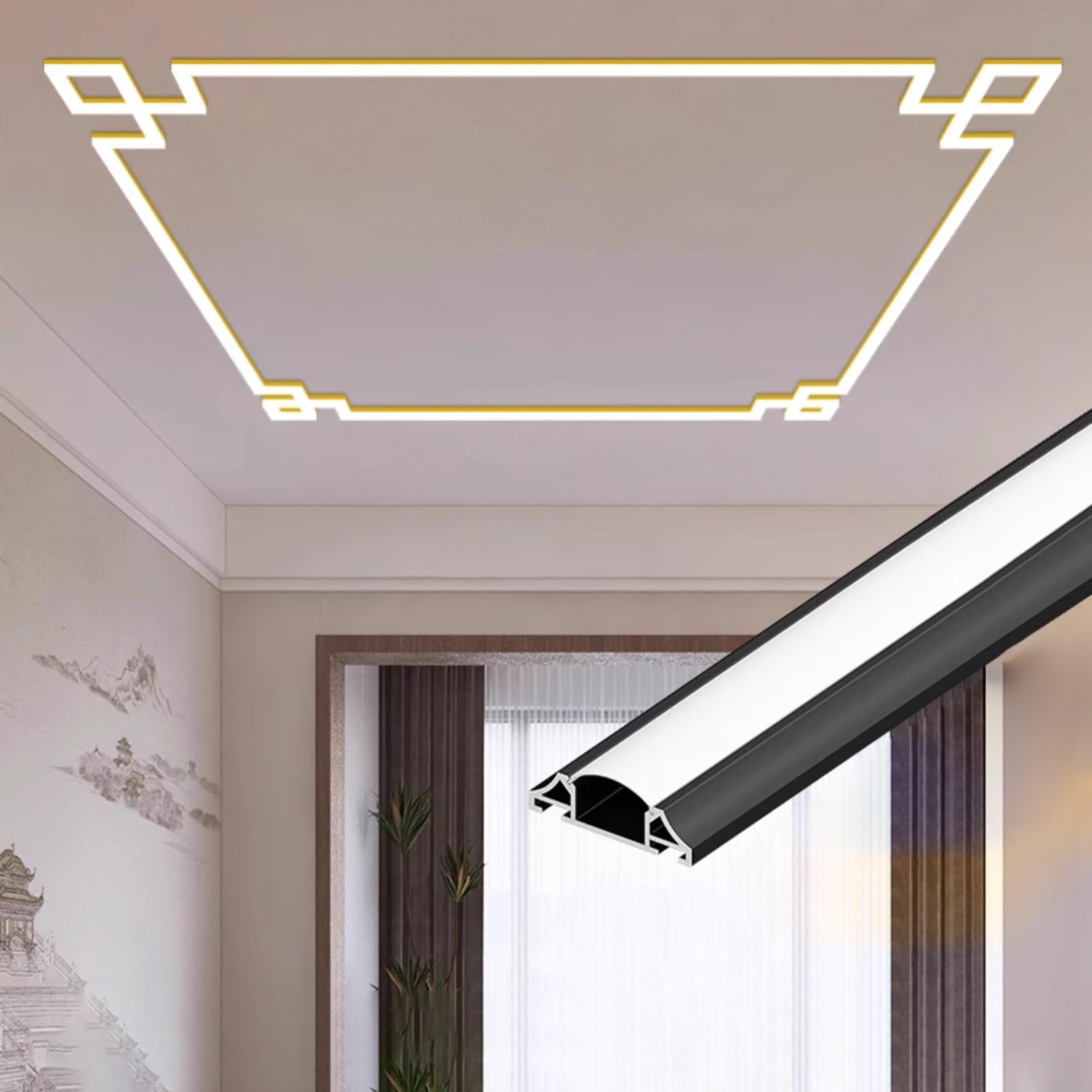 Jievmrs Led Channel Chinese Style Led Channel for Ceiling, Crown Moulding Led Indirect Lighting Channel for Decor Ceiling, Aluminum Led Profile Led Light Diffuser(Black,39.4ft/12m)