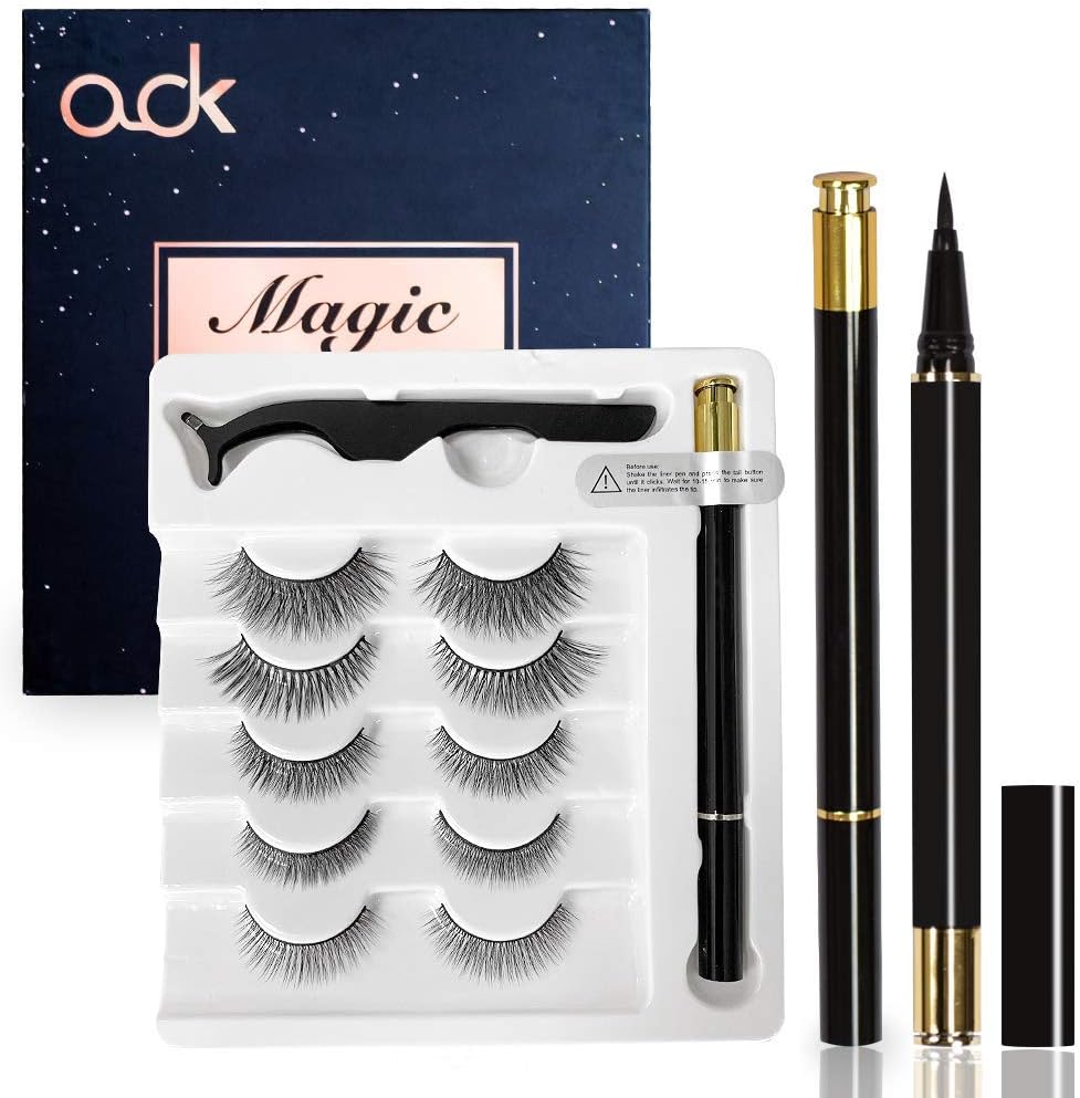 OOK Magic Eyeliner and Eyelashes Kit,No Glue No megnetic Reusable Silk 3D Faux Lashes set 5 Pairs Natural Look easy remover Eyelashes
