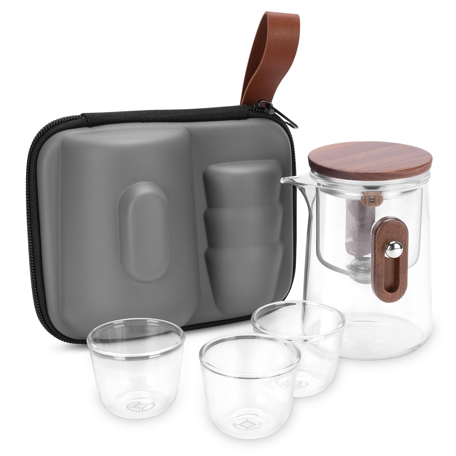 Enchanti - Tetera de viaje de vidrio encantado de brujería mágica con cepa extraíble, vidrio de borosilicato, separación de agua, control de prensa, con 3 tazas, bolsa de almacenamiento, 330 ml
