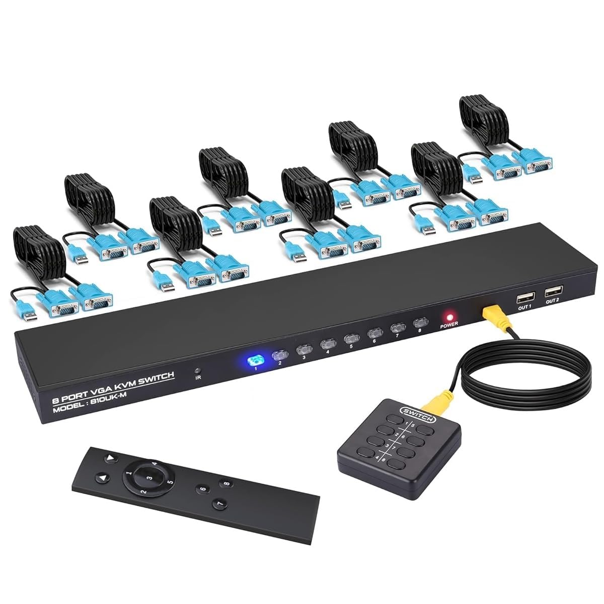 VGA KVM Switch 8 Ports - KVM Switch with Remote,USB Switcher 8 Computers Share 1 Monitor 4 USB 2.0 Hubs,Keyboard Mouse Printer,8 VGA Cables 1 Desktop Controller 1 IR Remote-image-14