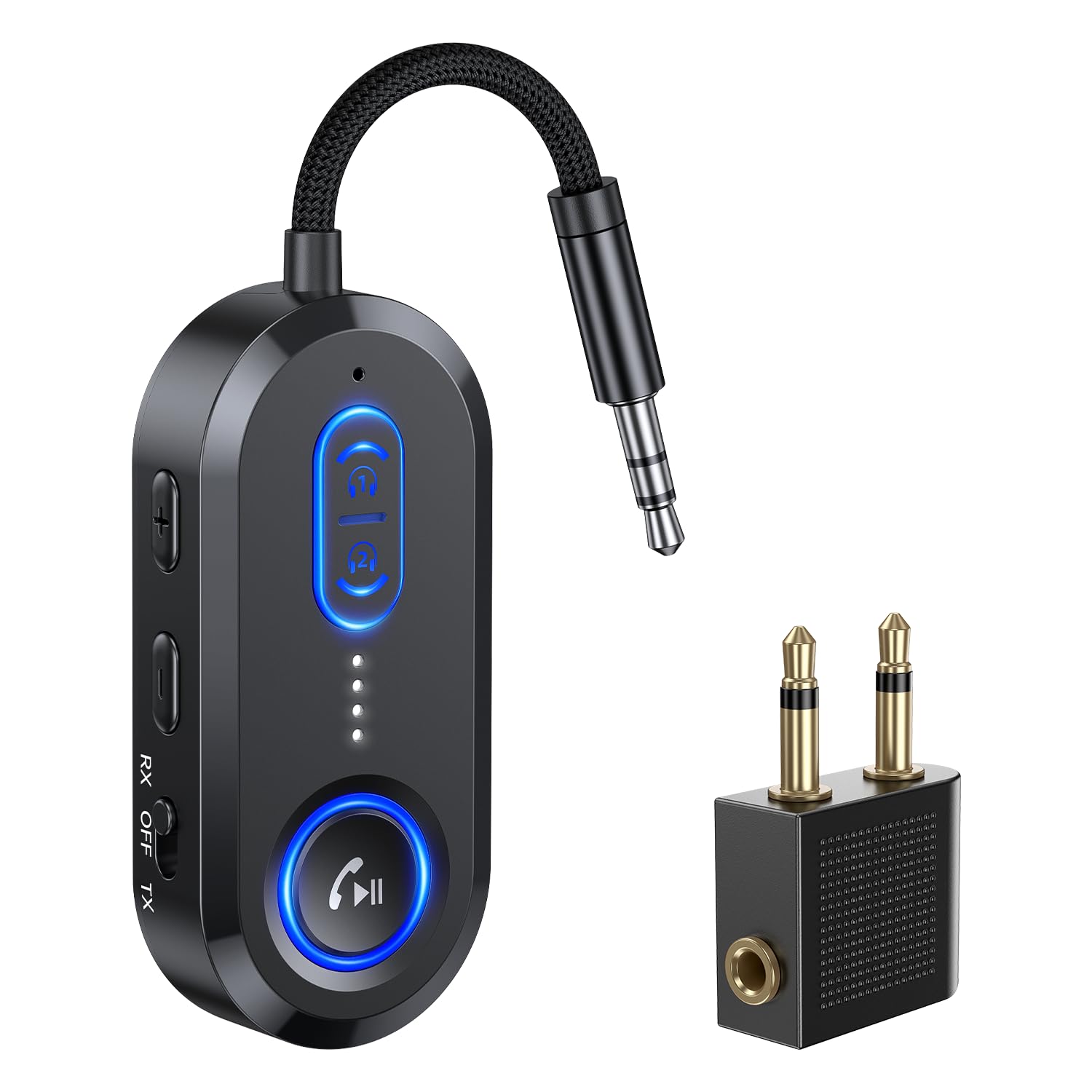 Receptor transmisor Bluetooth 5.4 para 2 AirPods/auriculares, adaptador de audio Bluetooth 2 en 1 para TV, viajes en avión, adaptador inalámbrico AUX de 3.5 mm para estéreo de coche/hogar