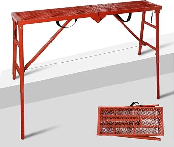 LEADALLWAY Scaffolding Platform 58L x11W x30H Folding Adjustable Scaffolding for Stairs Portable Work Platform Ladder 770 LBS Capacity,Red
