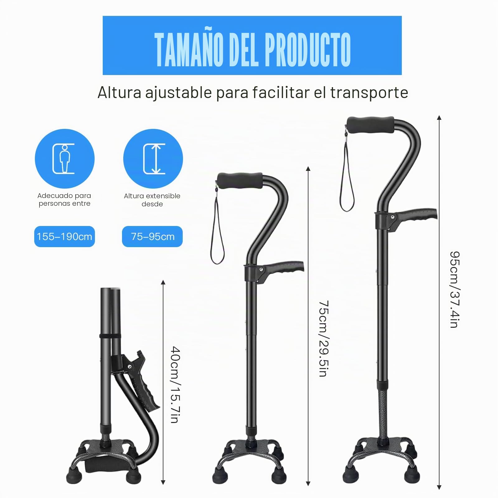 Bastón Plegable con Base de 4 Púas y Doble Empuñadura - Ayuda para Caminar Regulable y Ligera para Mujer/Hombre - Bastón Quad Estable para Personas Mayores y Adultos - Empuñadura Suave Ergonomica