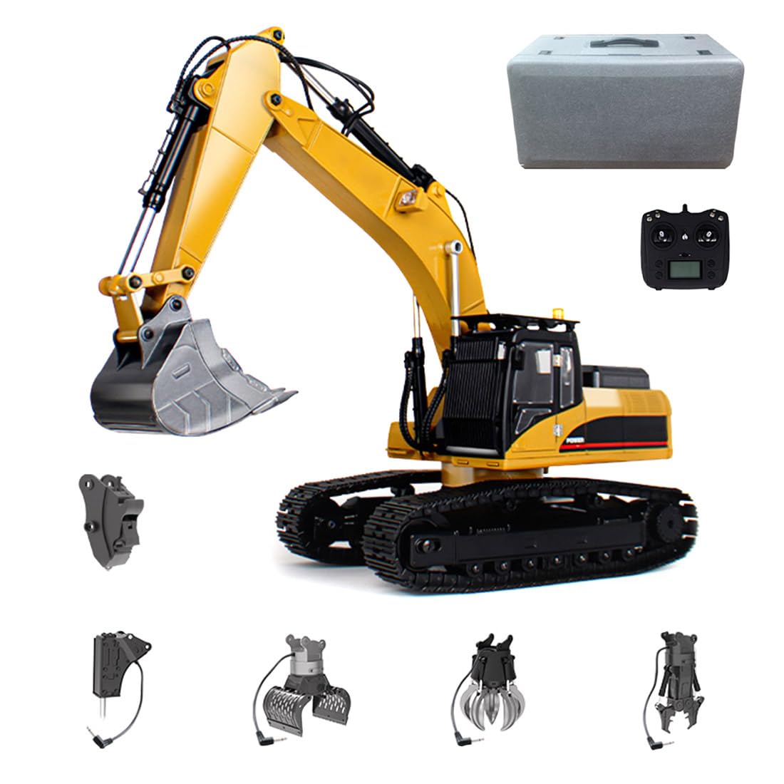 Excavadora RC 5 en 1 de metal completo a escala 1/14 2.4G con trituradora, agarre de troncos, cizalla hidráulica, garra - Modelo de vehículo de construcción con luces LED ahumadas