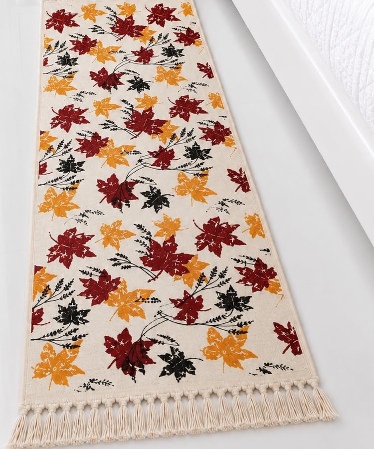 Home Carpet Rugs Autumn Maple Leaf Table Runner with Tassel Fringe, Beige | Fall Harvest Decor, Linen-Look Fabric, Boho Tassel Ends, Thanksgiving Table, Seasonal Home Decor-image-33