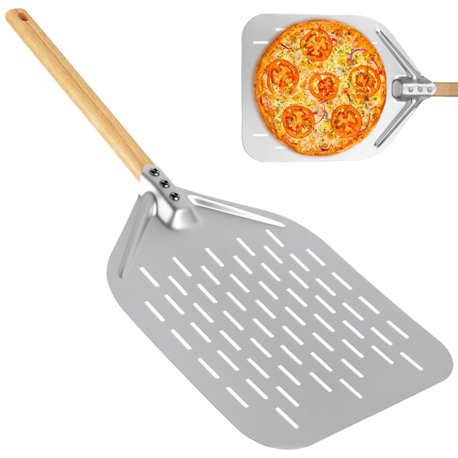 Pala per Pizza 12 Pollici, Pala per Pizza Forata in Alluminio con Manico in Legno Rimovibile, per Barbecue a Gas, Barbecue e Forno, per Riporre Facilmente La Pizza Grande (40 x 30 cm)
