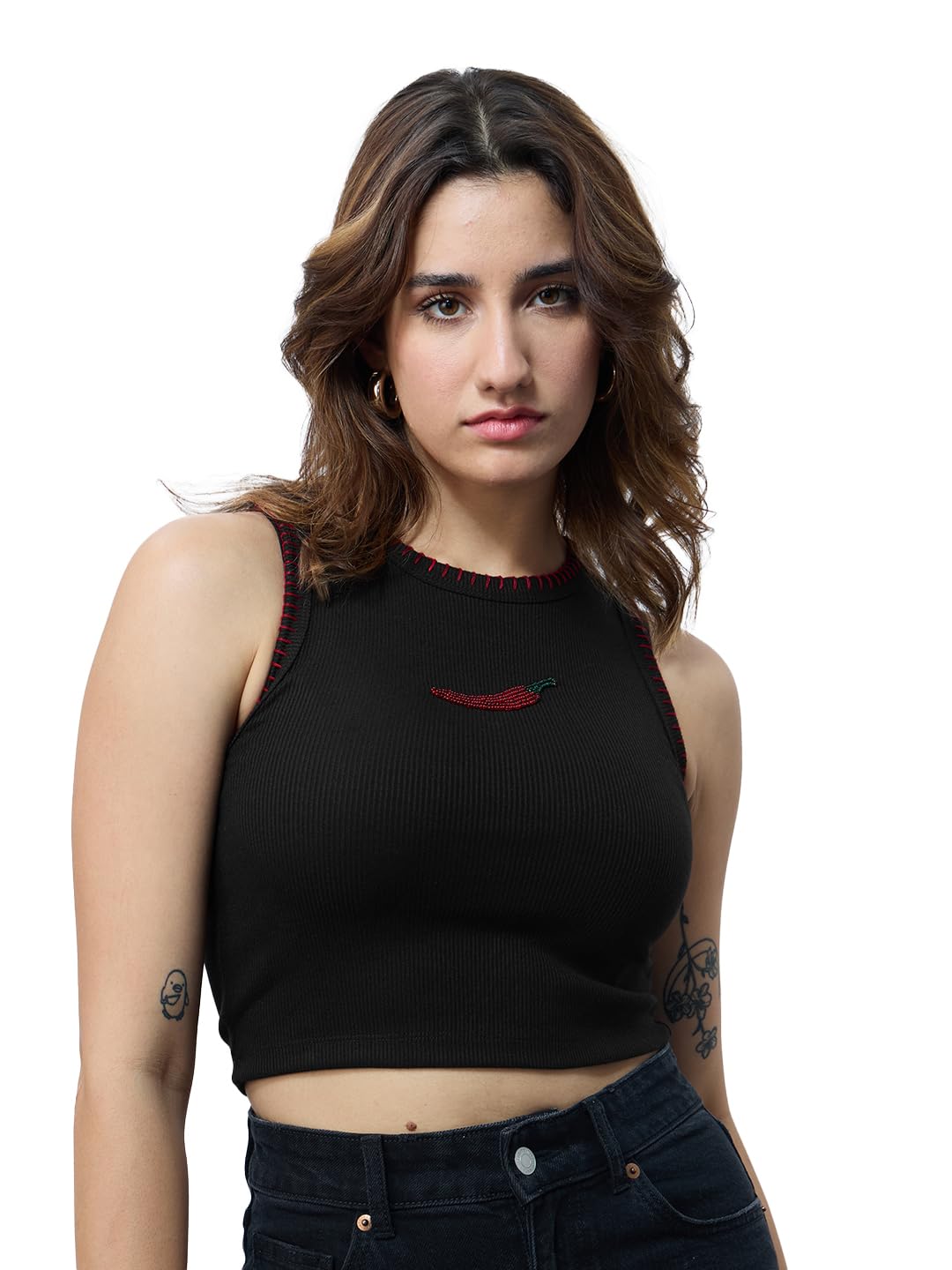 The Souled Store Ribbed Tank Top: Chilly Women and Girls Sleeveless Round Neck Black Embroidered Spun Poly Elastane Slim Fit Lightweight Summer Tank Tops in black