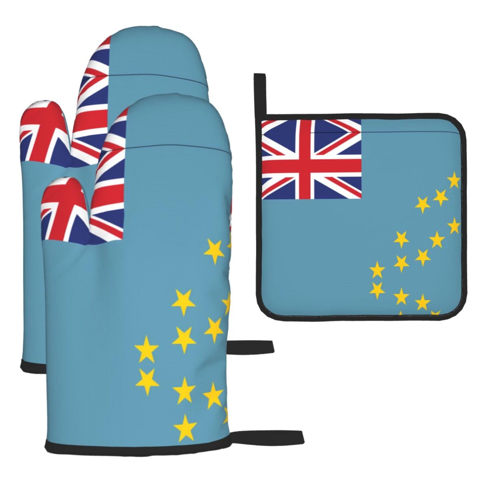 Flag of Tuvalu Oven mittens and oven mitts three-piece set suitable for oven, grilling, baking, microwave and home cooking.