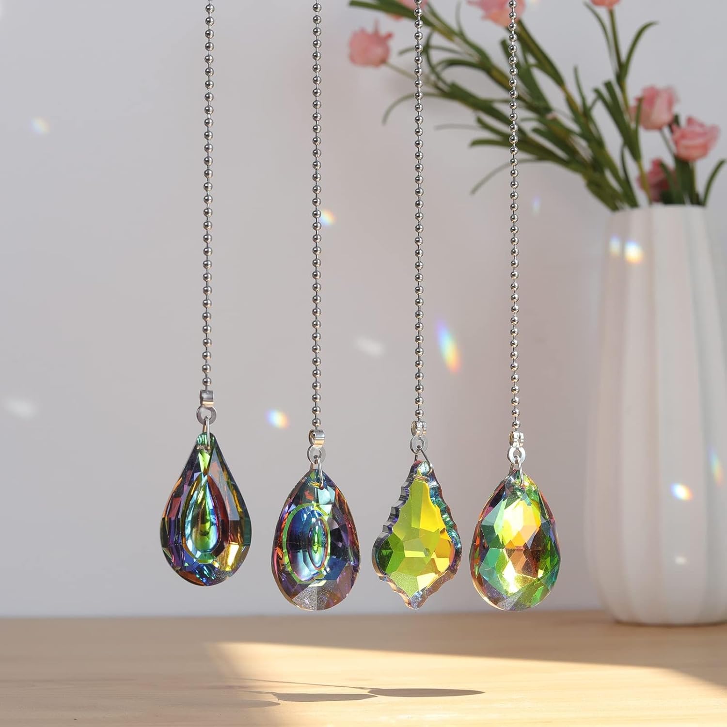 Set of 4 Crystal Ceiling Fan Pull Chain Rainbow Maker Pull Chain Extension with Connector