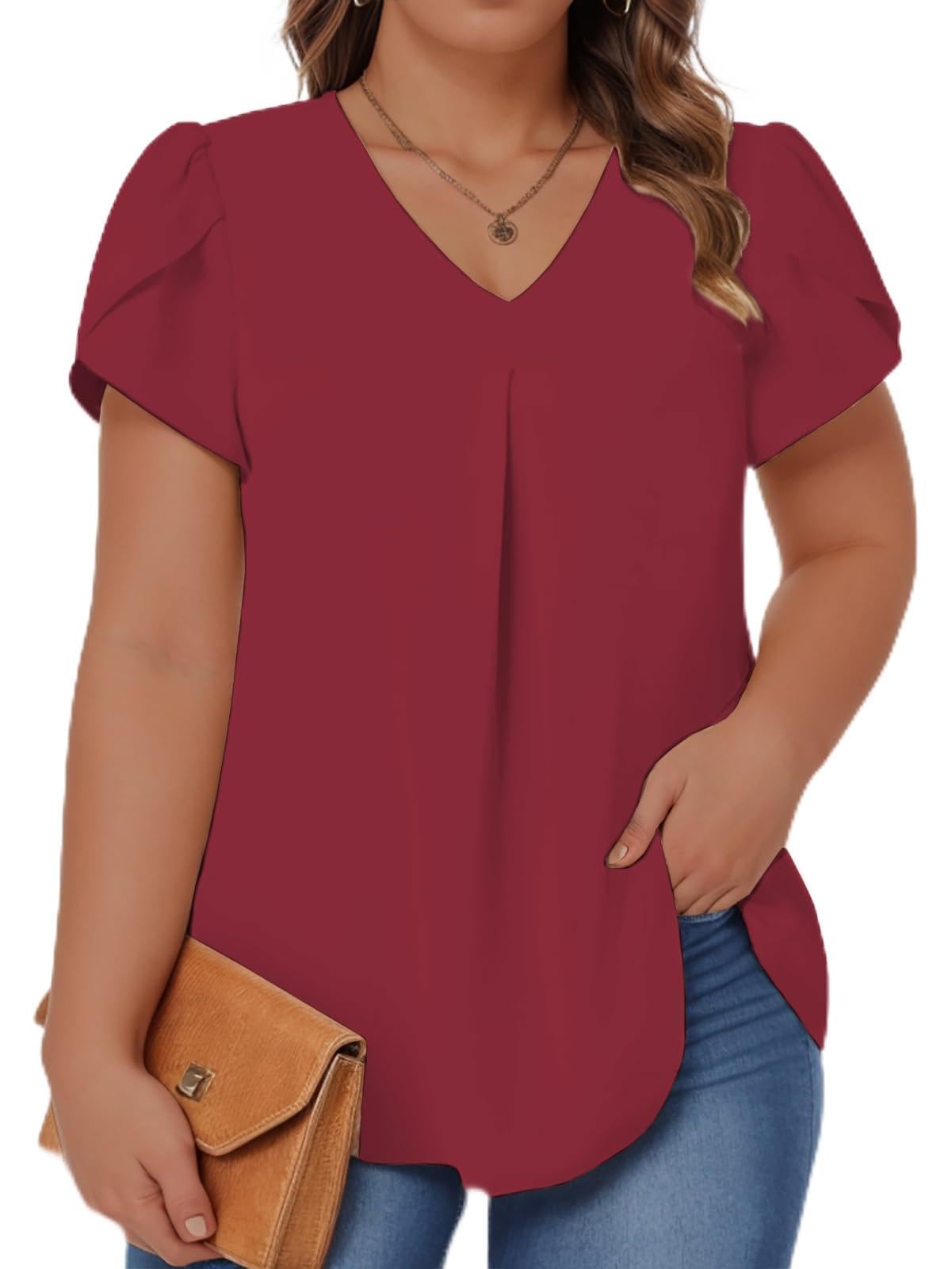 ROSRISS Plus-Size Summer Tops Petal Short Sleeve Shirts Casual V Neck Tuincs Chiffon Blouses