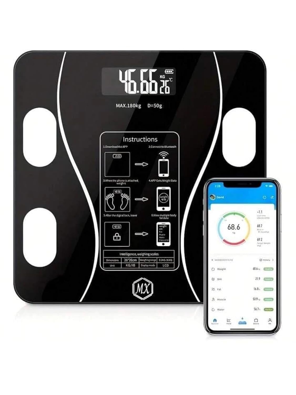 Digital Weighing Scale with Bluetooth Body Fat for Human Body Weight Smart LED Scales Weight, Bathroom Scales Electronic for Household, Personal Scale Fitness Temp Measure (Pack A)