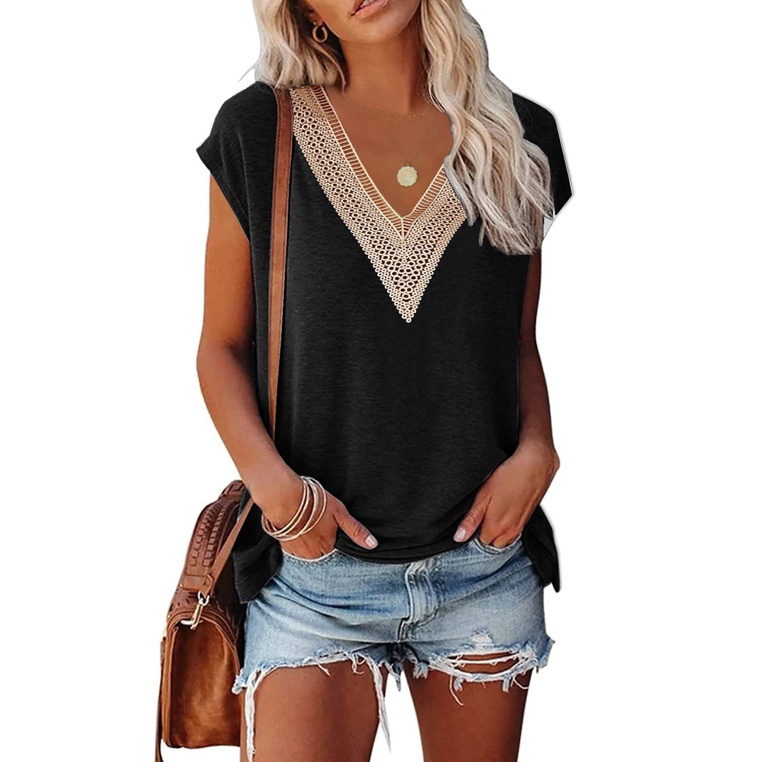 ( Size L) Womens Summer Top Cap Sleeve Trendy Tank Top for Women Solid Color Lace Basic Casual V Neck Loose Fit Tee Shirts Blouse
