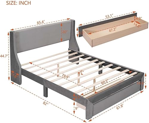 Miniatura 2 de Anwick Base de cama de terciopelo tamaño Queen con cajón de almacenamiento, cama moderna tapizada con cabecera y soporte de listones de madera