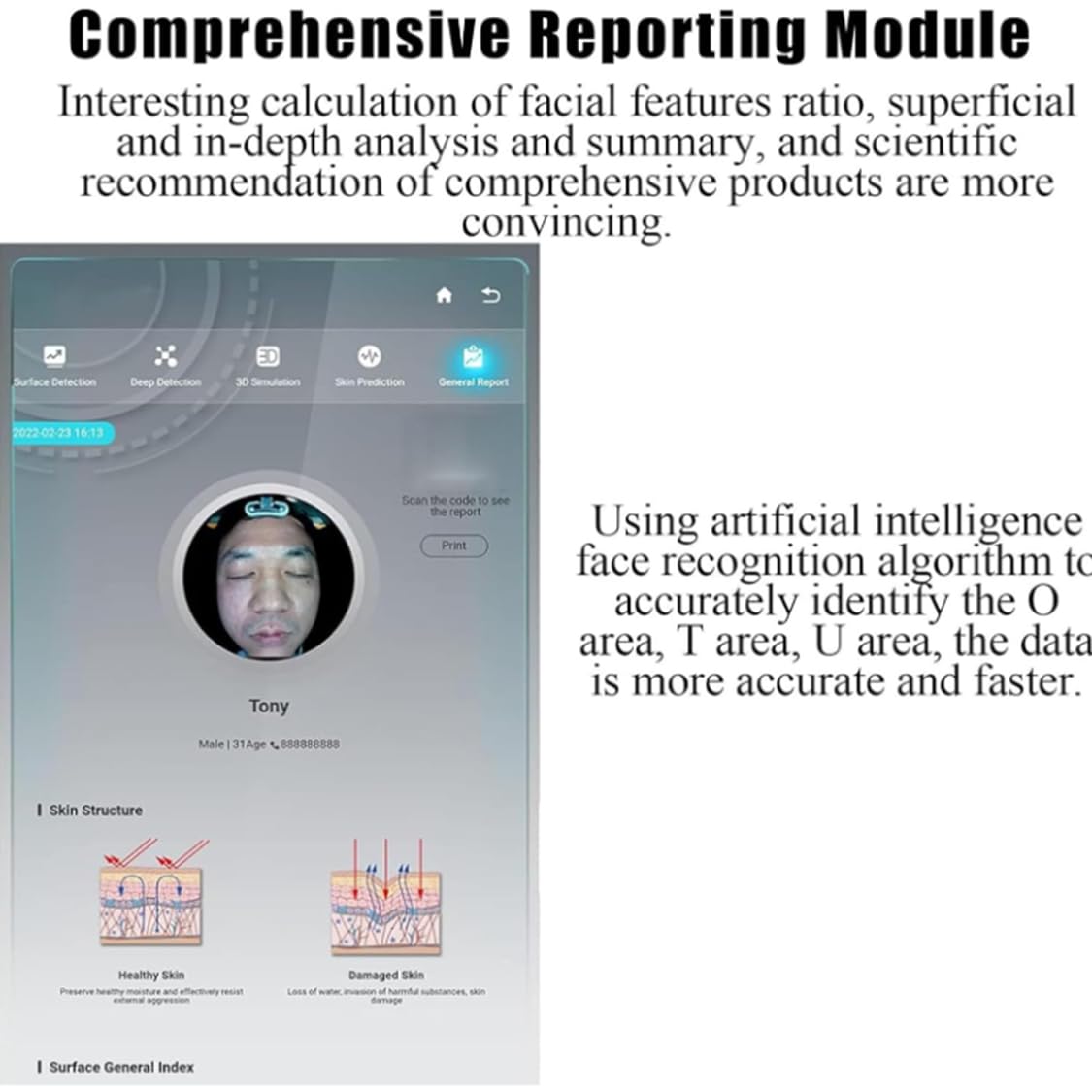 Macchina analizzatrice professionale della pelle, rilevamento e analisi della pelle del viso da 13,3/21,5 pollici, rilevatore intelligente della pelle 3D da 36 milioni di pixel White-13.3inches
