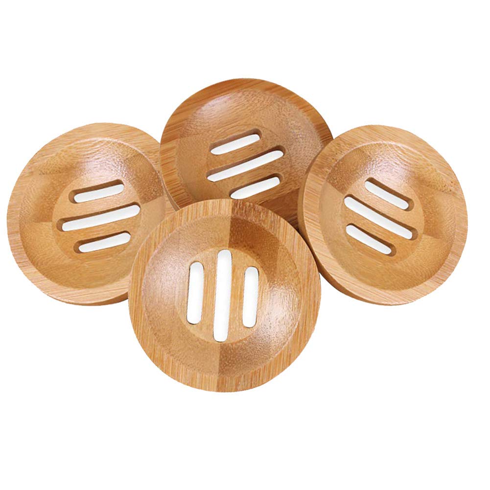 Amerisky 4Pcs Bamboo Soap Dishs, Natural Wooden Round Soap Storage Tray Drainer Soap Holder for Bathroom Shower Kitchen Sponge